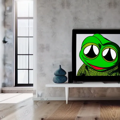 Prompt: Realistic pepe the frog alone and sad in his bedroom, cinematic perspective, studio shot, full hd