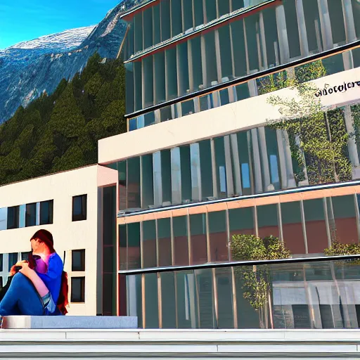 Prompt: digital drawing of a female software developer sitting outside in front of a modern campus building with beautiful mountains in the background, digital art, summer, alps, 4k, unreal, digital health, cartoon, unreal engine