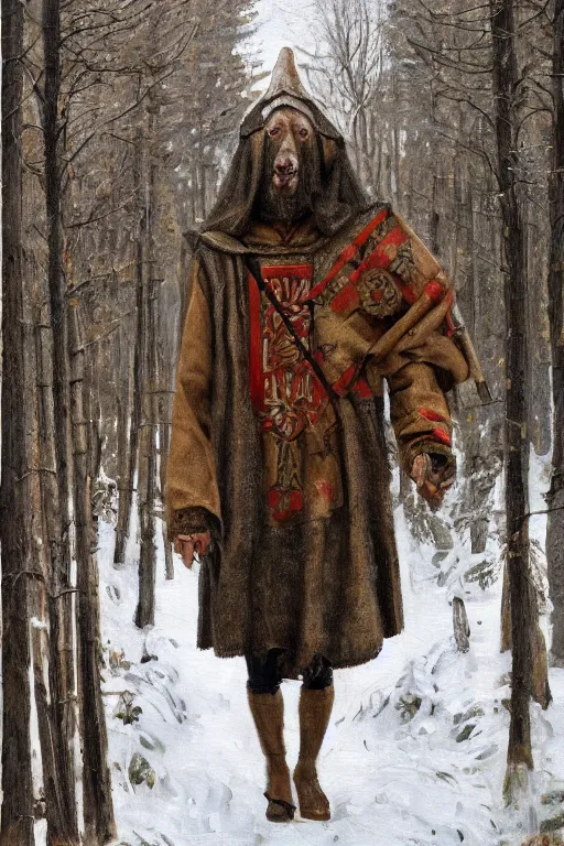 Prompt: slavic dog head man, woolen torso in medieval clothes, walking in the forest, orthodox saint christopher, painting by whimmy, oil painting, painting by viktor vasnetsov, concept art, hyperrealism, beautiful, high resolution, trending on artstation,