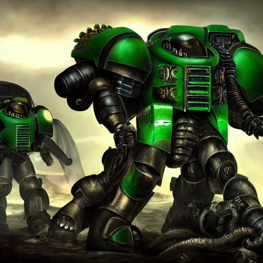 Prompt: dark angels chapter space marine terminator squad fighting a gigantic insectoid alien, 4 k, octane render, extremely detailed, martian landscape