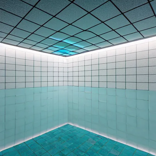 Image similar to liminal space photography, abandoned aqua park, ceramic tiles on the floor and walls, ceiling light, water, high detailed, photorealistic 4k - H 768