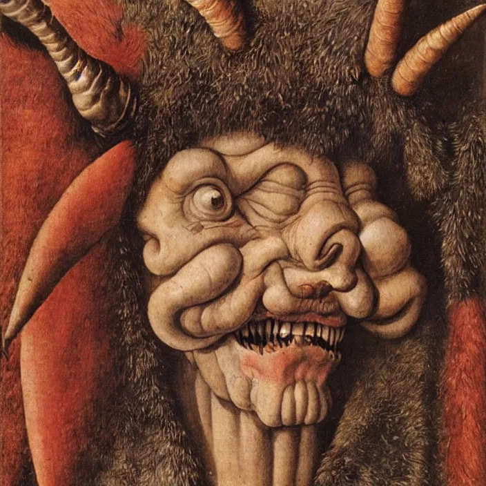 Image similar to close up portrait of an overdressed mutant monster creature with snout, horns, insect wings, unibrow, piercing eyes, toxic smile. jan van eyck