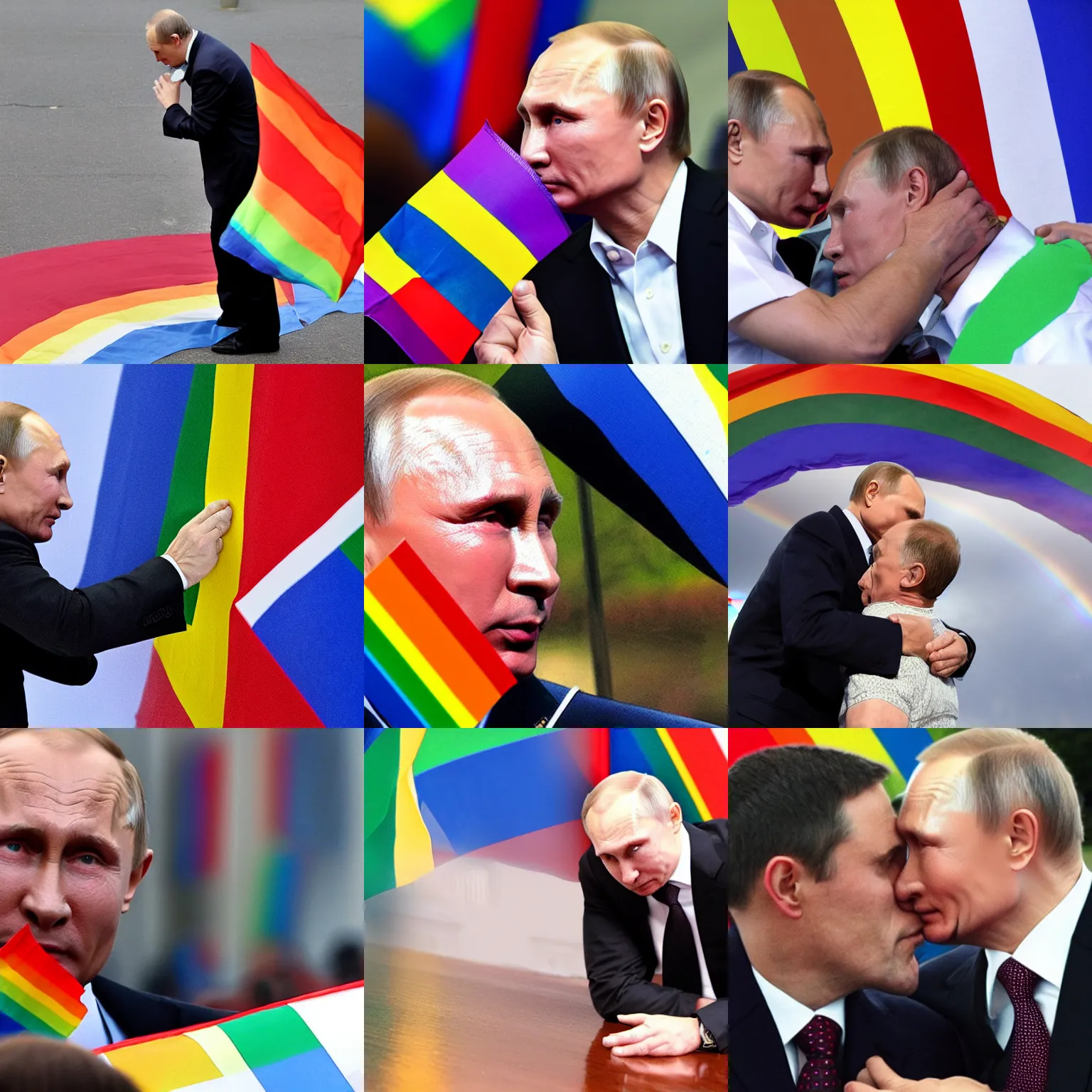 Prompt: Vladimir Putin kissing a rainbow flag