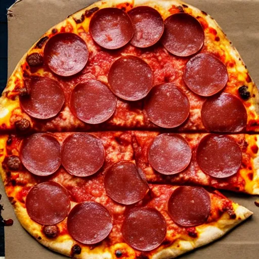 Prompt: a pepperoni pizza but the cheese and pepperoni are inverted