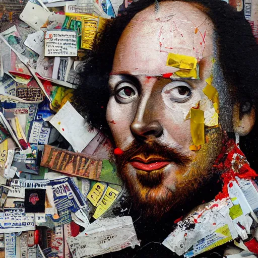 Image similar to hyperrealistic, photorealistic, mixed media oil painting of william shakespeare, magazine scraps, plaster, blood, oil, mustard, cigarettes, splatter, trending on artstation, award - winning painting, greg rutkowski, basquiat, ralph steadman, terry gilliam