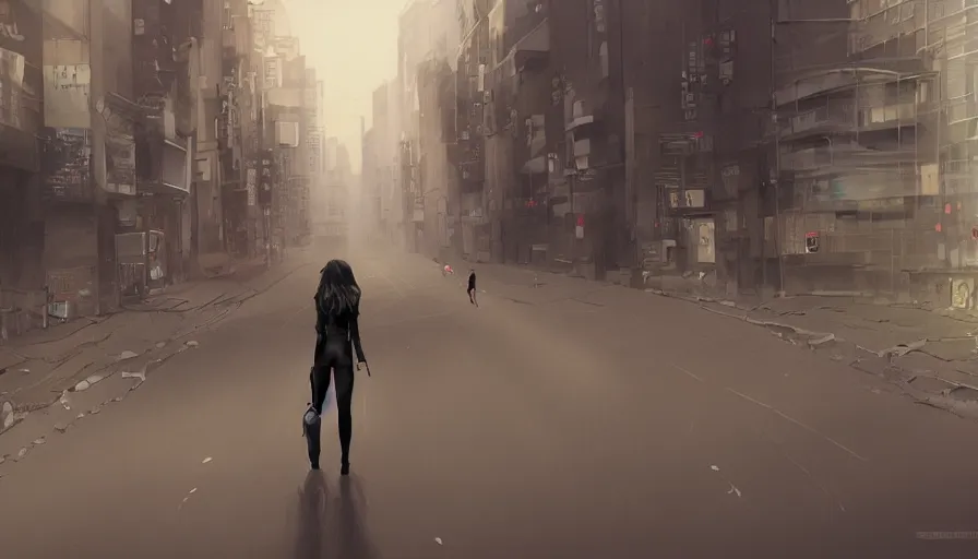 Prompt: black cat walking in dusty empty tokyo streets, heat wave, dirty ground, hyperdetailed, artstation, cgsociety, 8 k