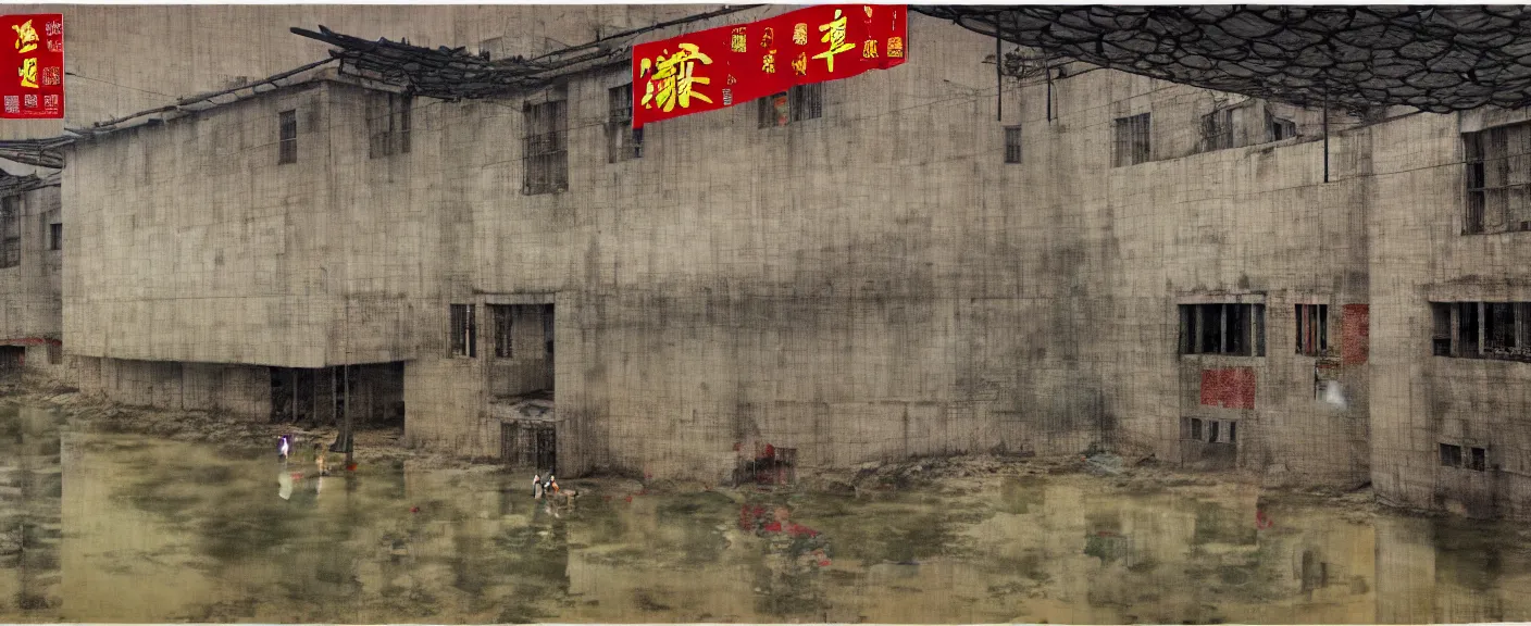 Image similar to a chinese prison near a river by peter doig, muted colors, overlaid with chinese adverts