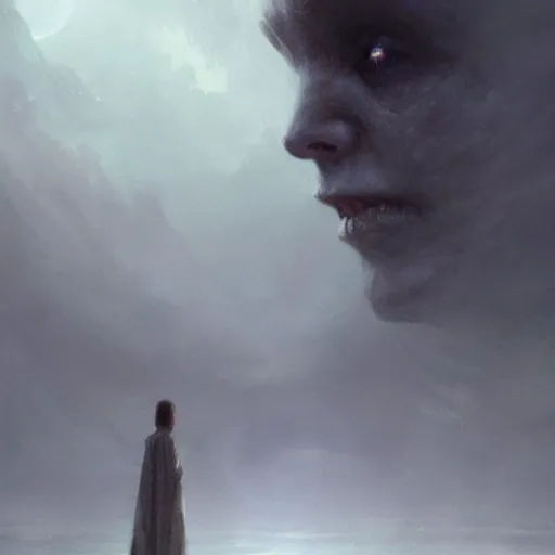 Image similar to a beautiful terrifying immense pale humanoid giant looms over a tiny human. ethereal horror fantasy art by greg rutkowski