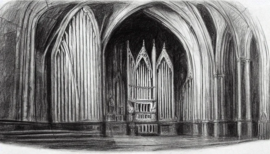 Image similar to pipe organ in a sunken cathedral, 1 9 th century charcoal and pencil drawing, high detail, high contrast