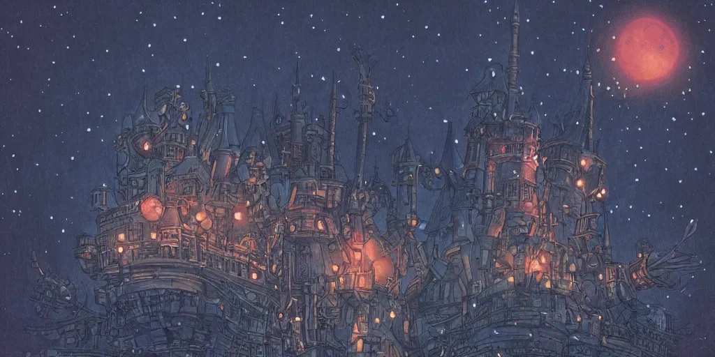 Prompt: Howl\'s Moving Castle at night, dark, dark blue, midnight, fairy lights, hyper-detailed, trending on Artstation, 8k, 4k, high-res, digital art