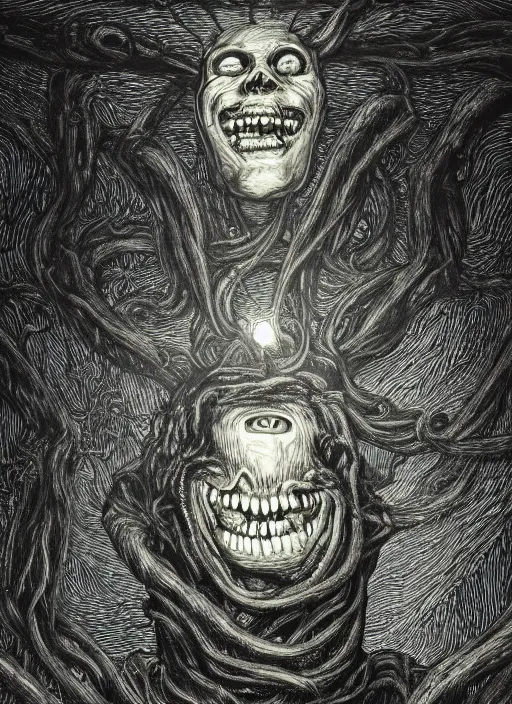 Image similar to portrait of lovecraftian smiling jerma, surrounded by beams of light dark background by wayne barlow, stanley donwood, anton semenov, zdzislaw bekinski, hr giger, 8 k, fantasy, dark, highly detailed