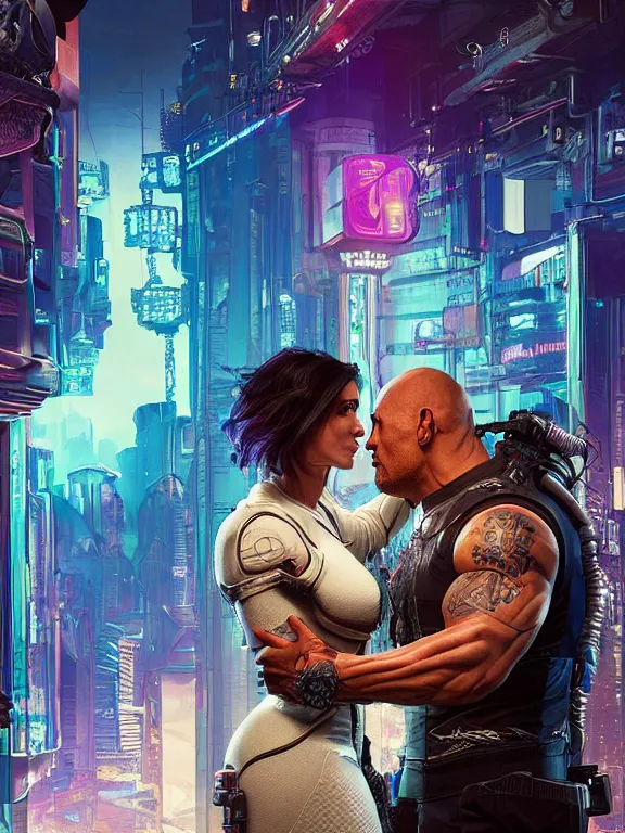 Image similar to a cyberpunk 2077 wedding couple portrait of Dwayne Johnson and a female android,complex mess of cables and wires behind them connected to giant computer,film lighting,by laurie greasley,Lawrence Alma-Tadema,William Morris,Dan Mumford, trending on atrstation,full of color,face enhance,sharp focus, highly detailed,8K, octane,golden ratio,cinematic lighting