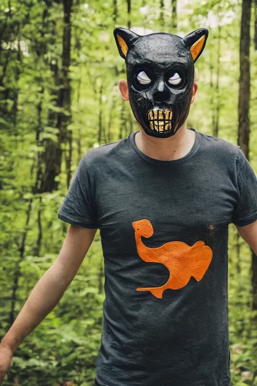 Prompt: creepy man wearing a clean t - shirt and a retro vintage halloween animal mask, in a dense forest, trending on instagram, photography, sigma 8 5 mm f / 1. 4