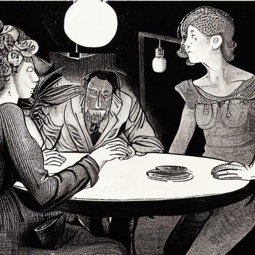 Image similar to The art installation depicts two people, a man and a woman, sitting at a table. The man is looking at the woman with a facial expression that indicates he is interested in her. The woman is looking at the man with a facial expression that indicates she is not interested in him. There is a lamp on the table between them. black velvet by Dorothy Lathrop subtle