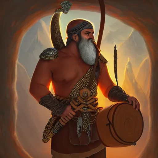 Image similar to Male Naga-Hashka (from D&D) bearded bard holding a drum, ornately dressed, standing in populated Baldur\'s Gate city square, hyperdetailed, artstation, cgsociety, 8k