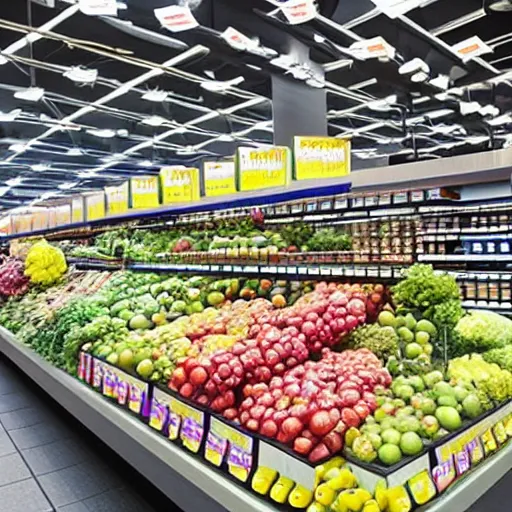 Image similar to A interior view of a grocery store in the future, nanotech is ubiquitous