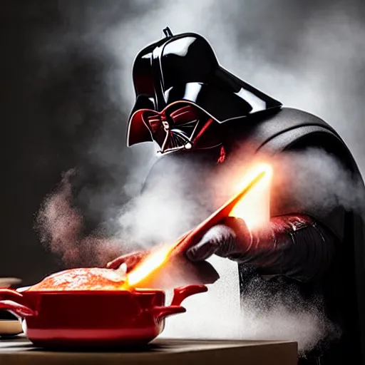 Prompt: Darth Vader cooking in the kitchen, photo realistic, award-winning, highly-detailed