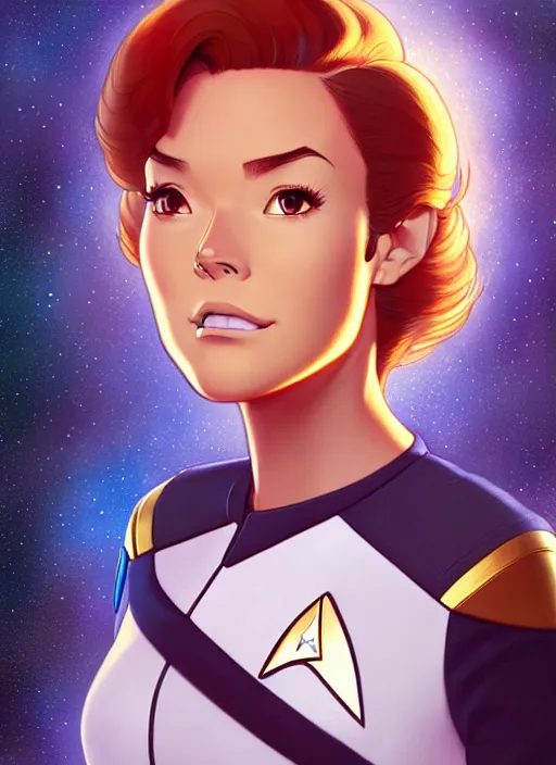 Image similar to cute star trek officer ferando torres, natural lighting, path traced, highly detailed, high quality, digital painting, by don bluth and ross tran and studio ghibli and alphonse mucha, artgerm