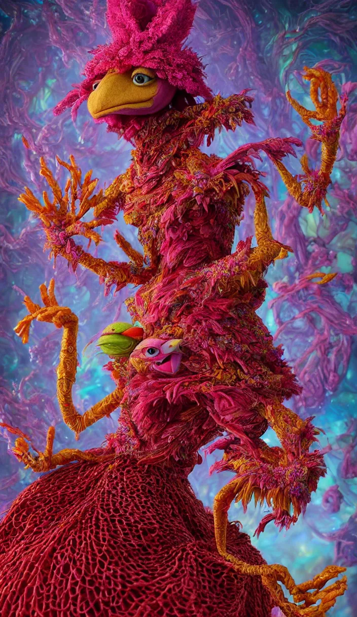 Prompt: hyper detailed 3d render like a Oil painting - kawaii portrait of solitary Aurora (a beautiful skeksis muppet fae queen from dark crystal that looks like Anya Taylor-Joy) seen red carpet photoshoot in UVIVF posing in scaly dress to Eat of the Strangling network of yellowcake aerochrome and milky Fruit and His delicate Hands hold of gossamer polyp blossoms bring iridescent fungal flowers whose spores black the foolish stars by Jacek Yerka, Ilya Kuvshinov, Mariusz Lewandowski, Houdini algorithmic generative render, Abstract brush strokes, Masterpiece, Edward Hopper and James Gilleard, Zdzislaw Beksinski, Mark Ryden, Wolfgang Lettl, hints of Yayoi Kasuma and Dr. Seuss, octane render, 8k