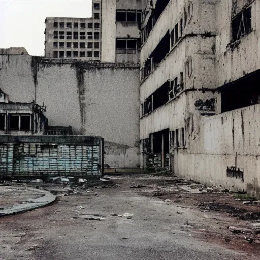 Image similar to brutalist city, prison city, totalitarian prison island, hashima island, rundown buildings, military buildings, prison complex, colorized 3 5 mm photo