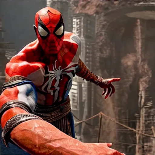 Prompt: screenshot of the game God of War with Kratos and Spiderman high fiving | Sony Pictures official media | Spiderman | Spiderman | Spiderman