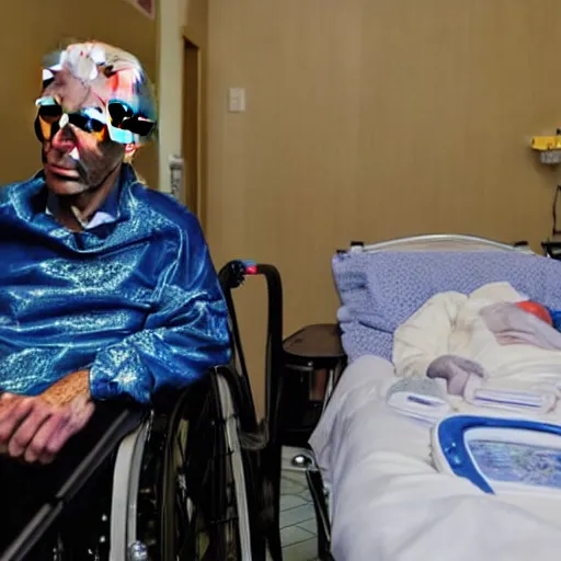 Prompt: a professional atmospheric film like 35mm photograph of Joe Biden wearing a garish hospital gown is drooling with late stage Dementia in a wheelchair at a disgusting run-down senior citizen rest home, there is full bedpan next to him