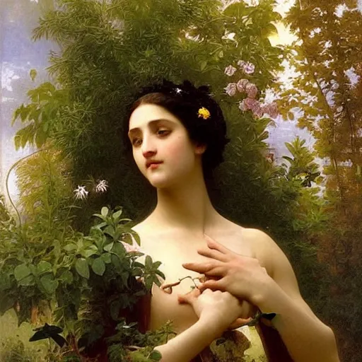 Image similar to earth goddess in beautiful dress with strong plant motive, william - adolphe bouguereau