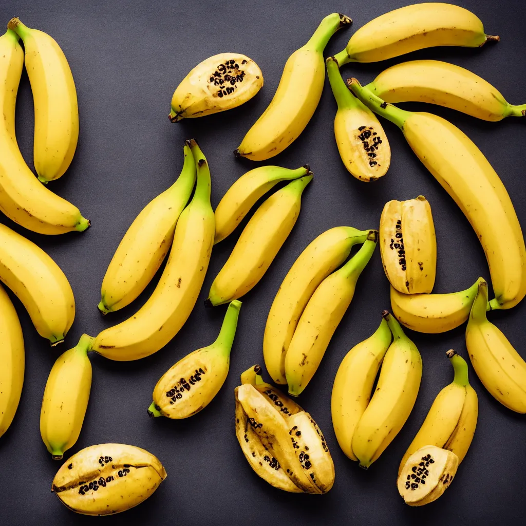 Image similar to fat spotted bananas in the shape of juicy open oranges, closeup, hyper real, food photography, high quality