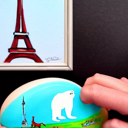 Image similar to A polar bear painting easter eggs in front of the Eiffel Tower