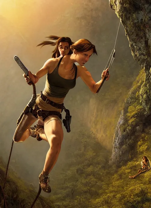 Image similar to Lara Croft climbing a rock, golden hour, Lilia Alvarado, Sophie Anderson, Mark Arian, Bob Byerley, Charlie Bowater, Mark Brooks, Steve Henderson, Justin Gerard, Arthur Hughes, Edward Robert Hughes, Mark Keathley, Victor Nizovtsev, Carlos Shwabe, Ross Tran, WLOP