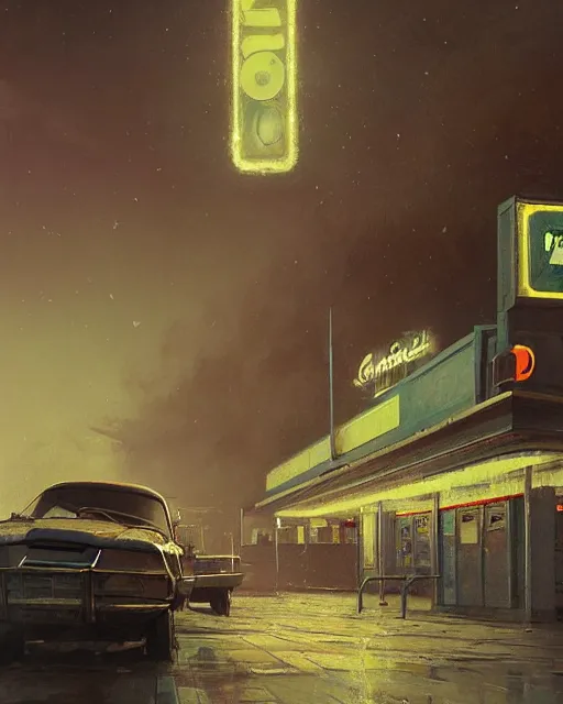 Image similar to a highly detailed epic cinematic concept art CG render digital painting artwork: Soviet gas station, night. By Greg Rutkowski, in the style of Francis Bacon and Syd Mead and Norman Rockwell and Beksinski, open ceiling, highly detailed, painted by Francis Bacon and Edward Hopper, painted by James Gilleard, surrealism, airbrush, Ilya Kuvshinov, WLOP, Stanley Artgerm, very coherent, triadic color scheme, art by Takato Yamamoto and James Jean