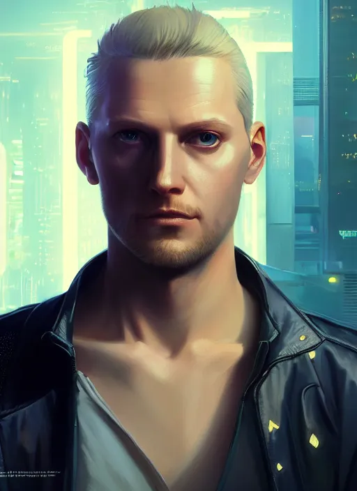 Image similar to highly detailed portrait of johan liebert in cyberpunk 2 0 7 7, stephen bliss, unreal engine, greg rutkowski, loish, rhads, beeple, makoto shinkai and lois van baarle, ilya kuvshinov, rossdraws, tom bagshaw, alphonse mucha, global illumination, god rays, detailed and intricate environment