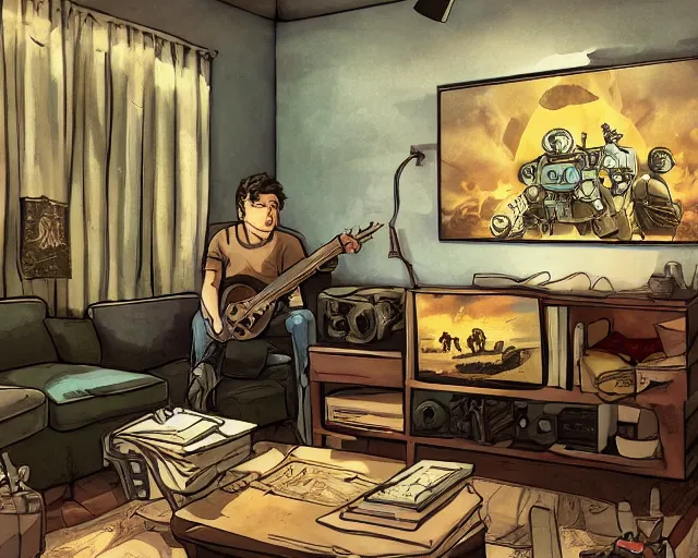 Image similar to a beautiful illustration of my friend nathan tinsley, playing fallout new vegas on the xbox 3 6 0 in his living room. the tv is the only light source, in the style of studio ghibli, artwork by studio ghibli, gamers bedroom, posters. cinematic composition, anime, digital art, featured on artstation