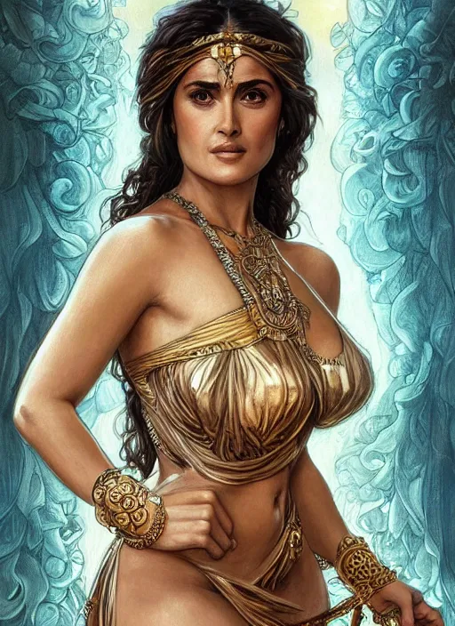 Image similar to Salma Hayek as a Greek Goddess, beautiful detailed eyes, cute, fantasy, intricate, elegant, highly detailed, digital painting, 4k, HDR, concept art, detailed jewelry, smooth, sharp focus, illustration, art by Artgerm, H R Giger and Alphonse Mucha