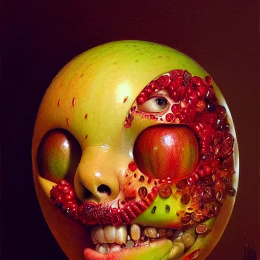 Image similar to apples arranged in the shape of a face, fantasy, intricate, elegant, highly detailed, lifelike, photorealistic, digital painting, artstation, illustration, smooth, sharp focus, art by artem demura, giuseppe arcimboldo