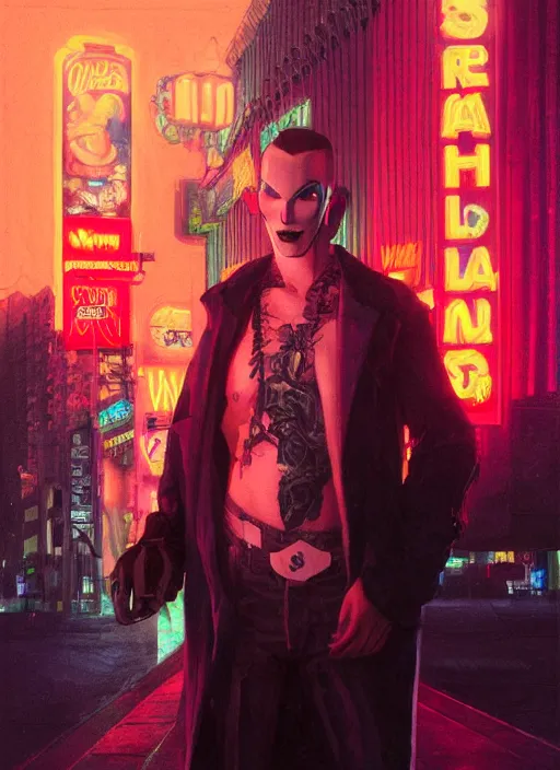 Image similar to 35mm kodak portra portrait of a shadowrun vampire on the Las Vegas strip at night by tomer hanuka and tom bagshaw, handsome face, blood, urban fantasy, hyper realism, high detail, octane render, 8k, trending on artstation, CGsociety, concept art