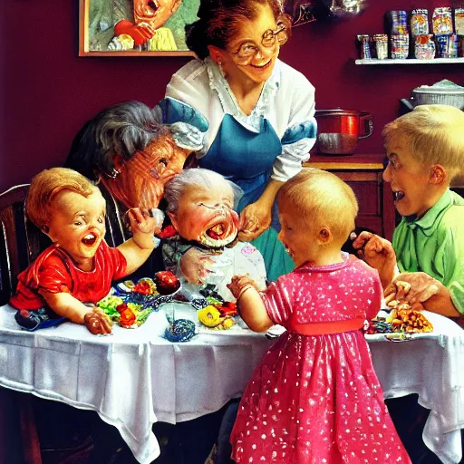 Image similar to hyper realistic hight detailed grandmother with a big mouth eating babies and gummi bears on the table in the russian kitchen, by norman rockwell, bright colors, 4 k, 1 6 k, 3 2 k, photorealistic, cartoon style