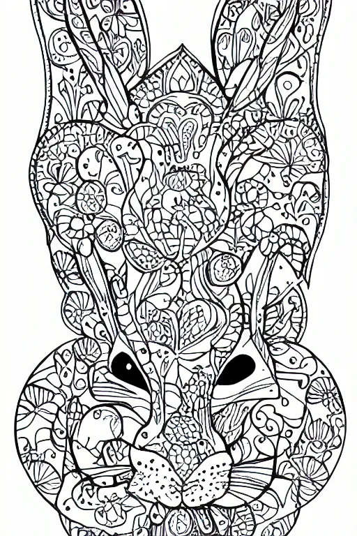 Image similar to bunny head, ornaments, closed shapes, outlines, ink drawing, line art colouring page
