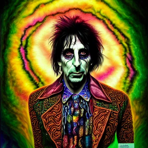 Image similar to An extremely psychedelic portrait of Alice Cooper, surreal, LSD, face, detailed, intricate, elegant, lithe, highly detailed, digital painting, artstation, concept art, smooth, sharp focus, illustration