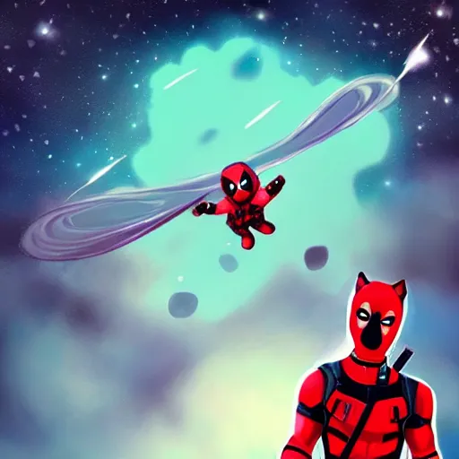 Image similar to deadpool riding on fluffy cat in space trending on artstation