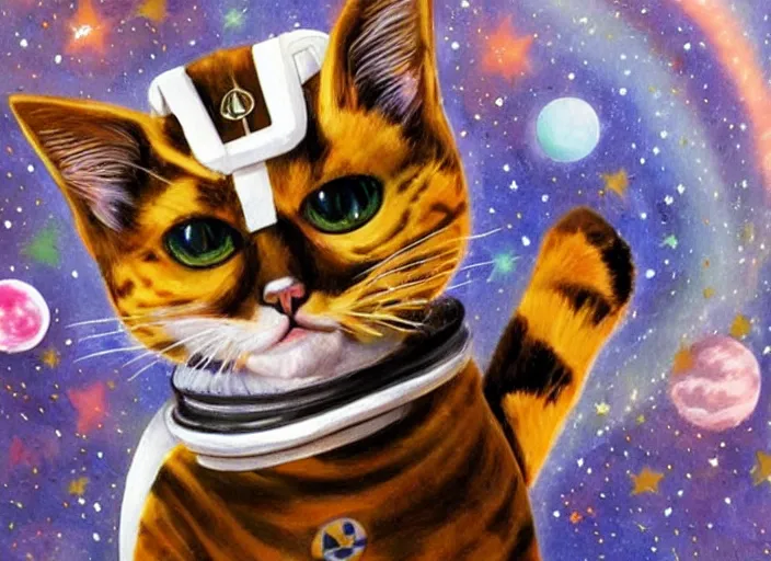 Image similar to painting of a cat dressed as an astronaut, cute, calico, stars, galaxies, planets, moons, stuido ghibli, kotaro mori
