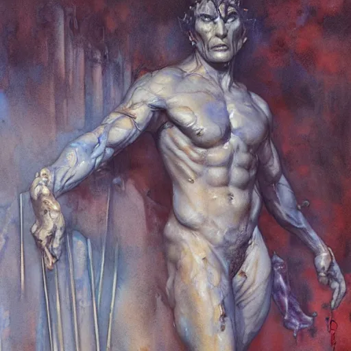 Prompt: Roguish Picaro Dsurion stands at the gates of Hades Hand Crafted By Rodin. Painting by Donato Giancola Jeff Simpson stamp watercolor