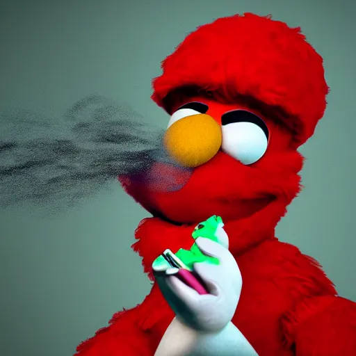 Image similar to elmo wearing a durag smoking a ciggarette, 8 k, photorealistic mugshot