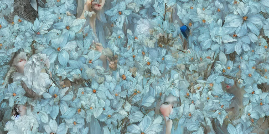 Image similar to breathtaking detailed concept art painting pattern of faces goddesses of light blue flowers with anxious piercing eyes and blend of flowers and birds, by hsiao - ron cheng and john james audubon, bizarre compositions, exquisite detail, extremely moody lighting, 8 k