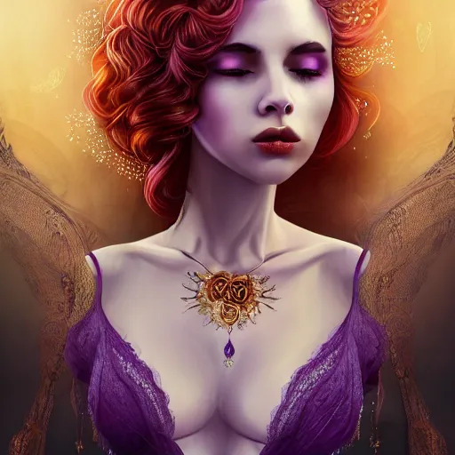 Image similar to beautiful young woman, with purple and gold fire hair, wearing a lace dress with jewels, full colors background, full of detail, majestic, organic, dark fantasy, rotten, sinister, macabre, crazy detailed and complex, super detailed, 8K, 4k,