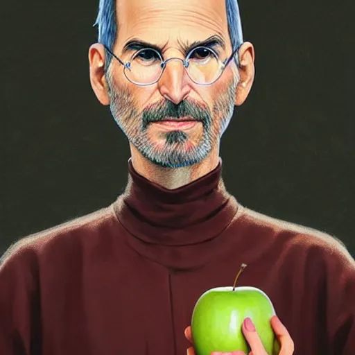 Prompt: a highly detailed epic cinematic concept art CG render digital painting artwork costume design: Steve Jobs as a student in a 1970s hippie costume holding a bitten apple. By Greg Rutkowski, Ilya Kuvshinov, WLOP, Stanley Artgerm Lau, Ruan Jia and Fenghua Zhong, trending on ArtStation, made in Maya, Blender and Photoshop, octane render, excellent composition, cinematic atmosphere, dynamic dramatic cinematic lighting, aesthetic, very inspirational, arthouse