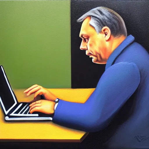 Image similar to viktor orban programming with a laptop in a cubicle, oil painting