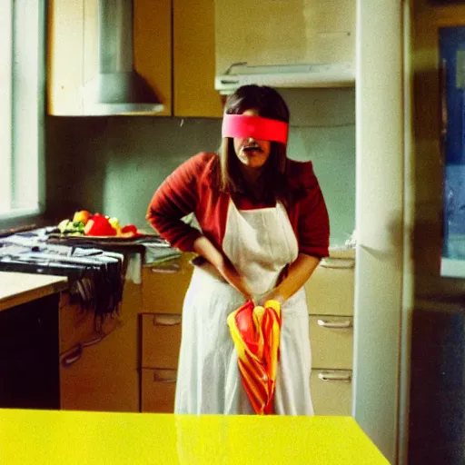 Prompt: feeling with the heart, warm, blindfold, bright colours, female in kitchen, kodachrome