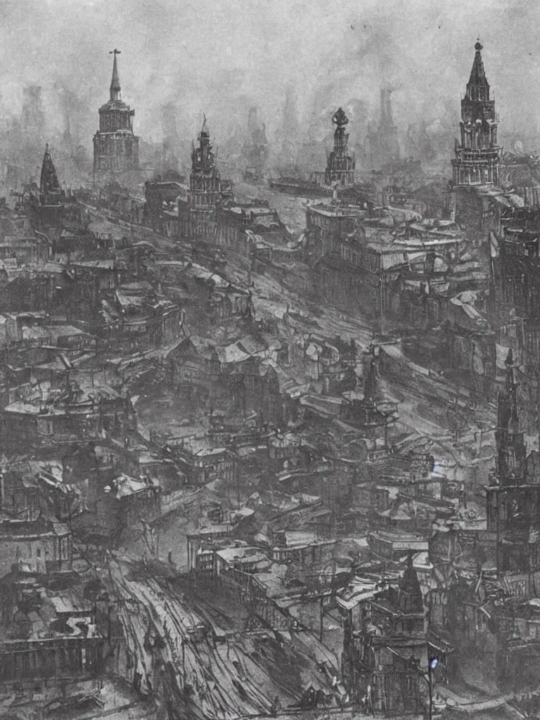 Image similar to a large dieselpunk and steampunk cityscape at dusk in russia during the 1 9 1 0 revolution, kremlin