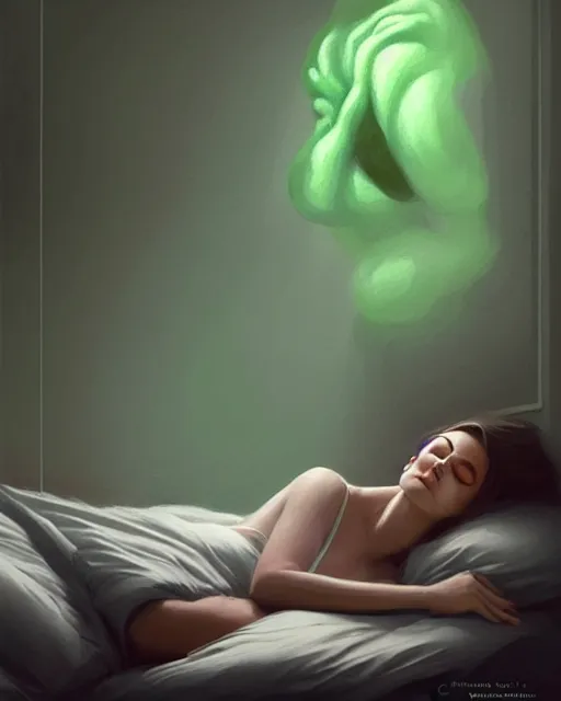 Prompt: a woman laying in bed at night, green smoke!!!!! surreal concept art, lifelike, photorealistic, digital painting, aesthetic, smooth, sharp focus, artstation hd, artgerm and by greg rutkowski, bruce pennington, valentina remenar, rhads, asher duran,